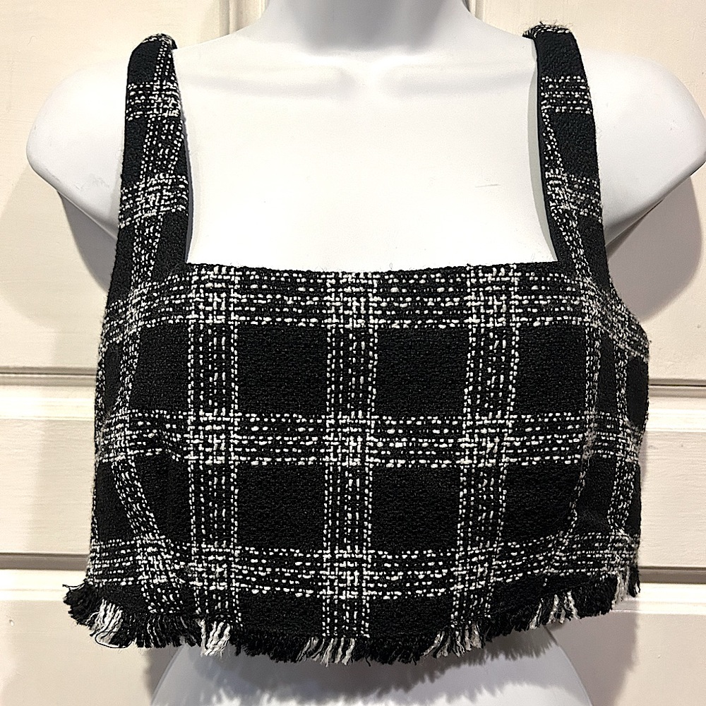 House of Harlow 1960 Black & White Plaid Checkered Frayed Hem Crop Top Medium